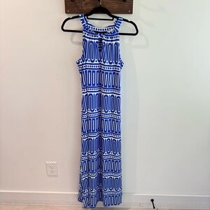 Jude Connally Keyhole Halter Dress Blue & White Grecian Print Medium